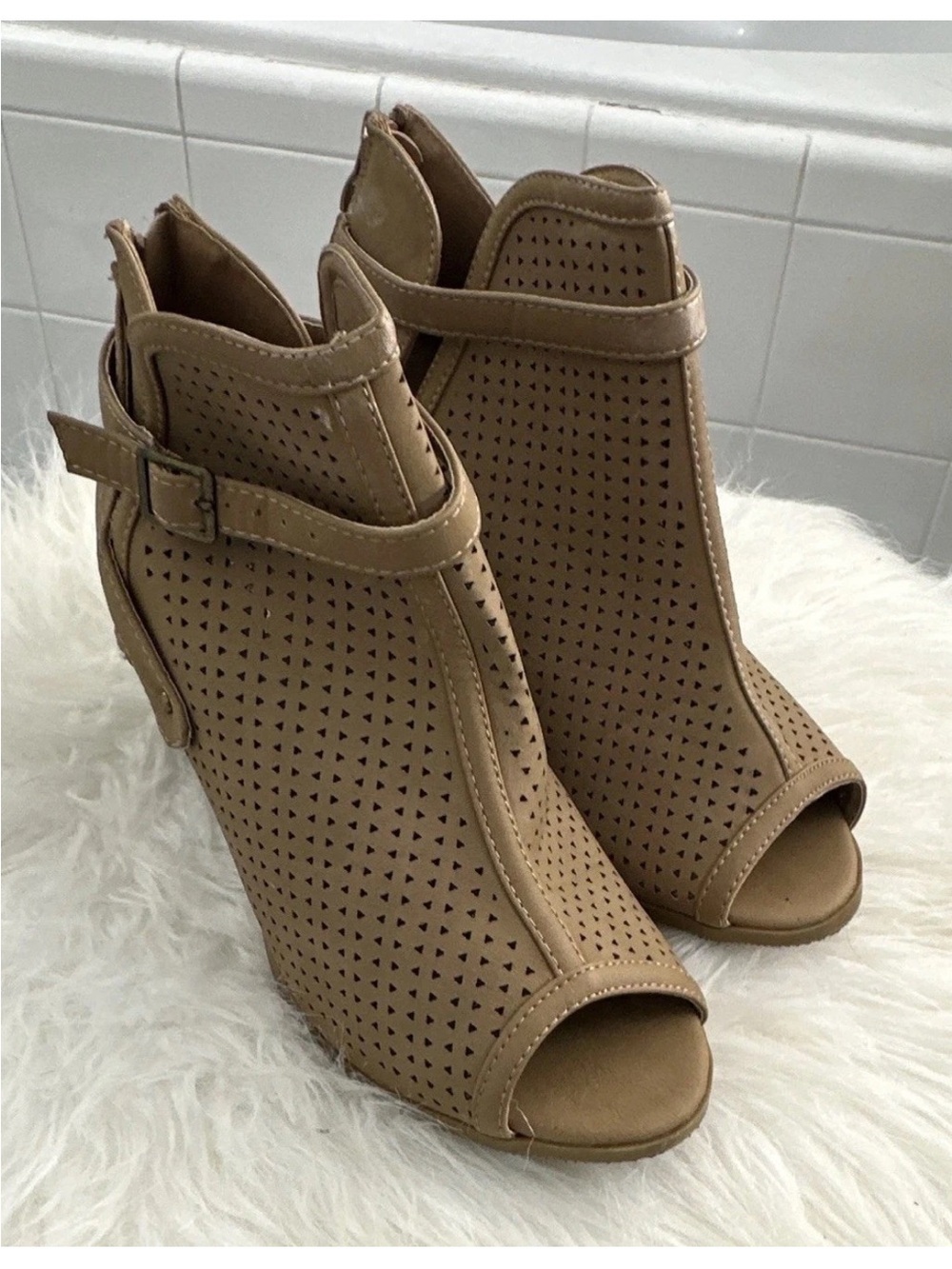TOP Moda Tan Perforated Peep-Toe Wedge Booties
